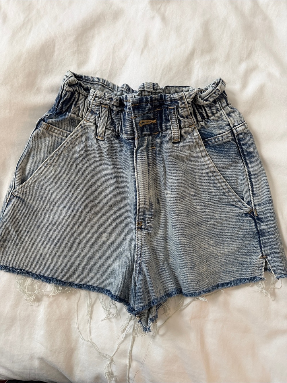 Zara Light Blue High-Waist Paperbag Denim Shorts